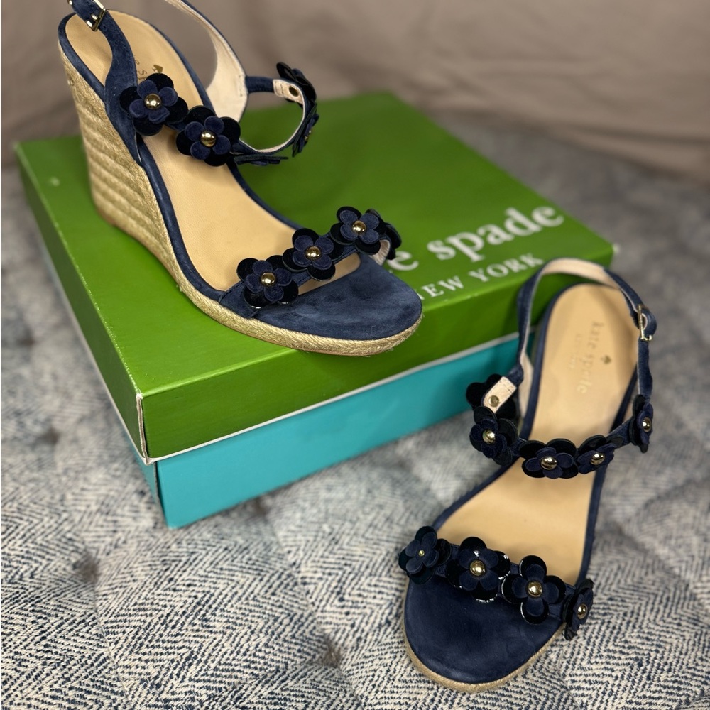 Kate Spade Navy Blue Wedges with Floral Accents